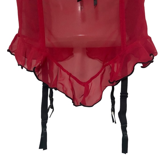 Sexy Vintage 90’s Red & Black Mesh Lace Corset Bustier Garter Straps Lingerie - Picture 8 of 14